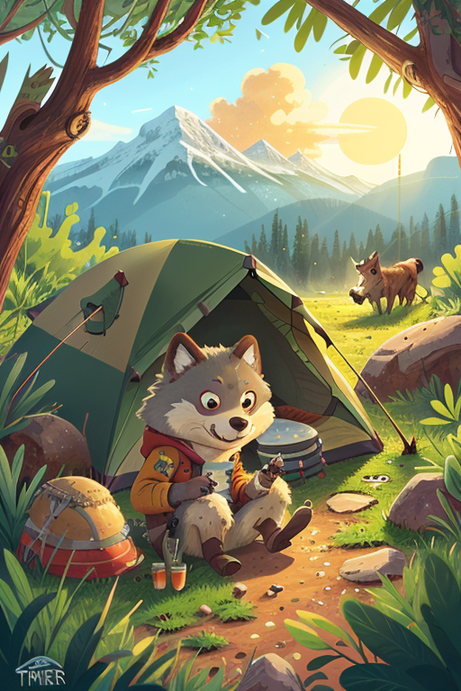 a Wolf is camping, kid, Desert Scrub <lora:COOLKIDS_MERGE_V2.5:1>